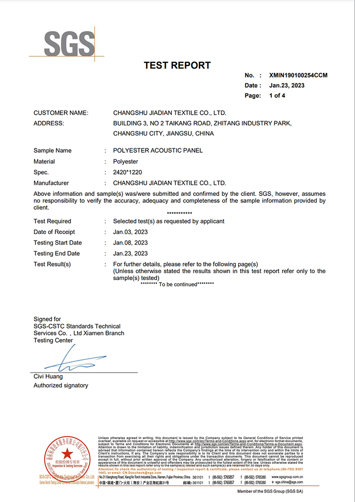 SGS Sound Absorption Test Certification